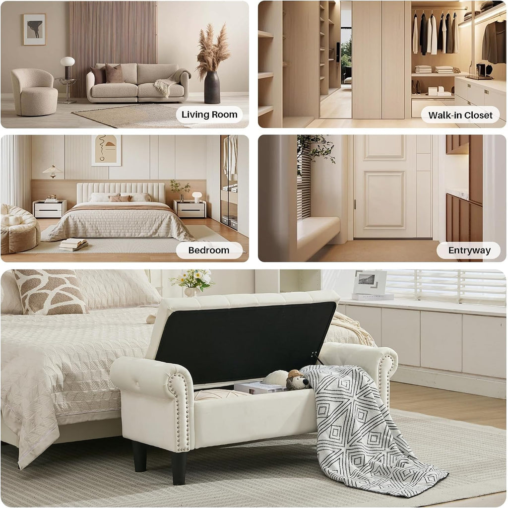 50" Storage Bench , Velvet Upholstered, Beige | End of Bedroom Bed Bench Ottoman with Tufted Cushioned Rolled Arm