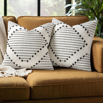 Boho Summer Outdoor Throw Pillow Covers 18X18 Set of 2, Farmhouse Decorative Pillow Covers, Black & Cream White