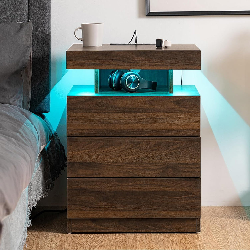 Rustic Brown Nightstand with Wireless Charging Station Walnut Wood LED Bedside Table with 3 Drawers End Table Smart