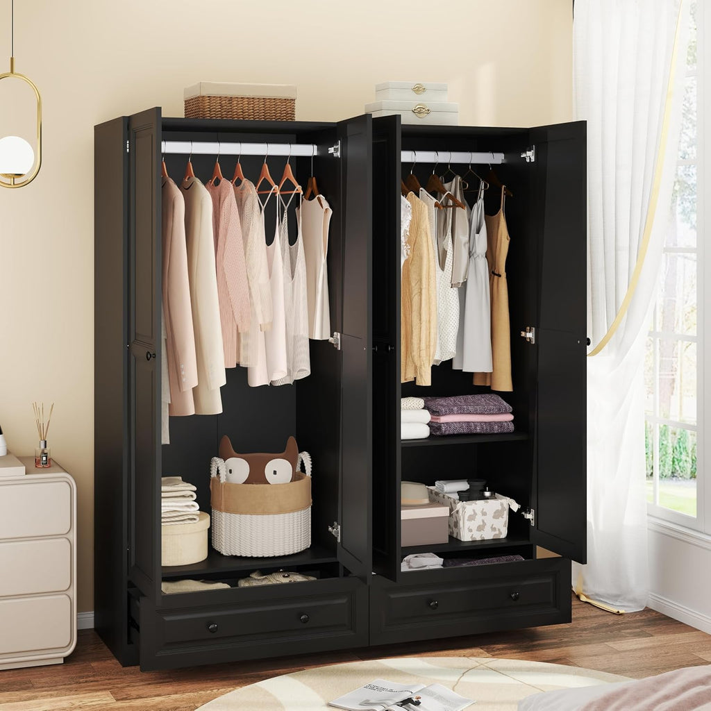 Armoire Wardrobe Closet with Drawers: 74" Black Wardrobe Closet with 4 Doors, Bedroom Armoires with 2 Drawers, Wood