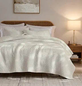 Striped Beige 100% Cotton Quilt Twin Bedding Sets, Lightweight Crinkly Channel Pick Stitch Textured Bedspread Soft