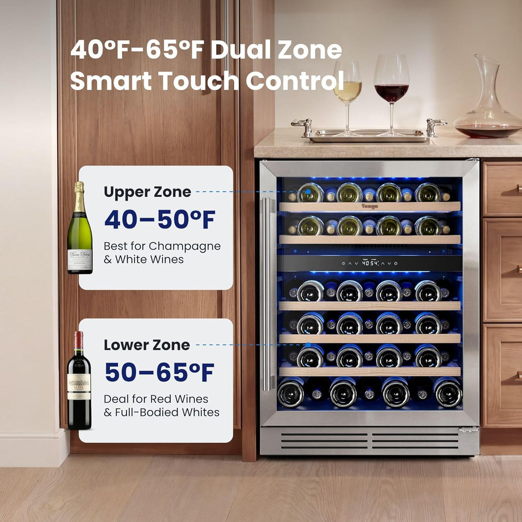 Wine Fridge Cooler - 24 Inch Dual Zone Wine Fridge Hold 52 Bottles, 40-65°F Wine