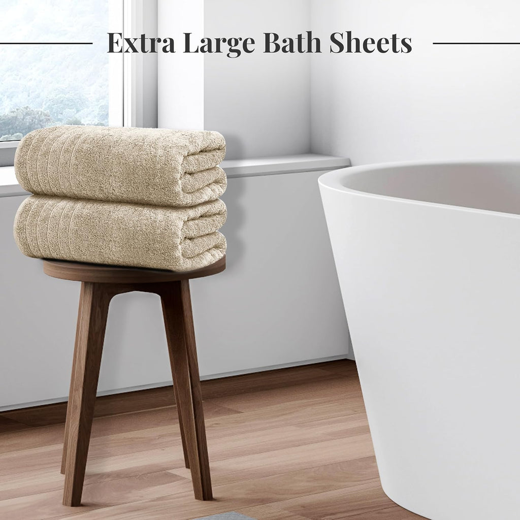 2 Piece Extra Large Bath Sheets 35 x 70 Inches, Beige | 100% Cotton, Larger & Lighter Weight, Quicker to Dry, Super