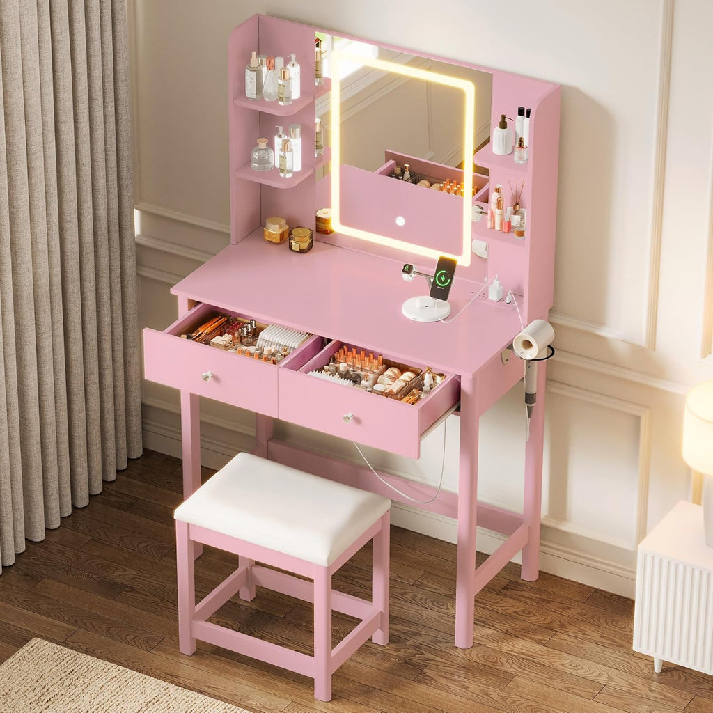 Vanity Desk with LED Mirror, 3 Lighting Modes and Chair | Small Makeup Vanity Table Set with Drawers, Dressing Table