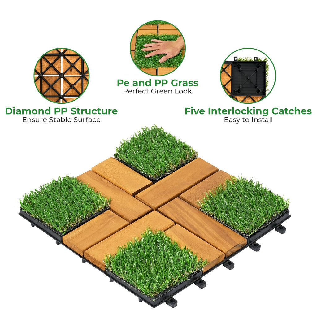 12''x12''0.94" Artificial Grass with Acacia Wood Deck Tiles Home Decor Patio Decor Kitchen Tile - Outdoor Fake Grass