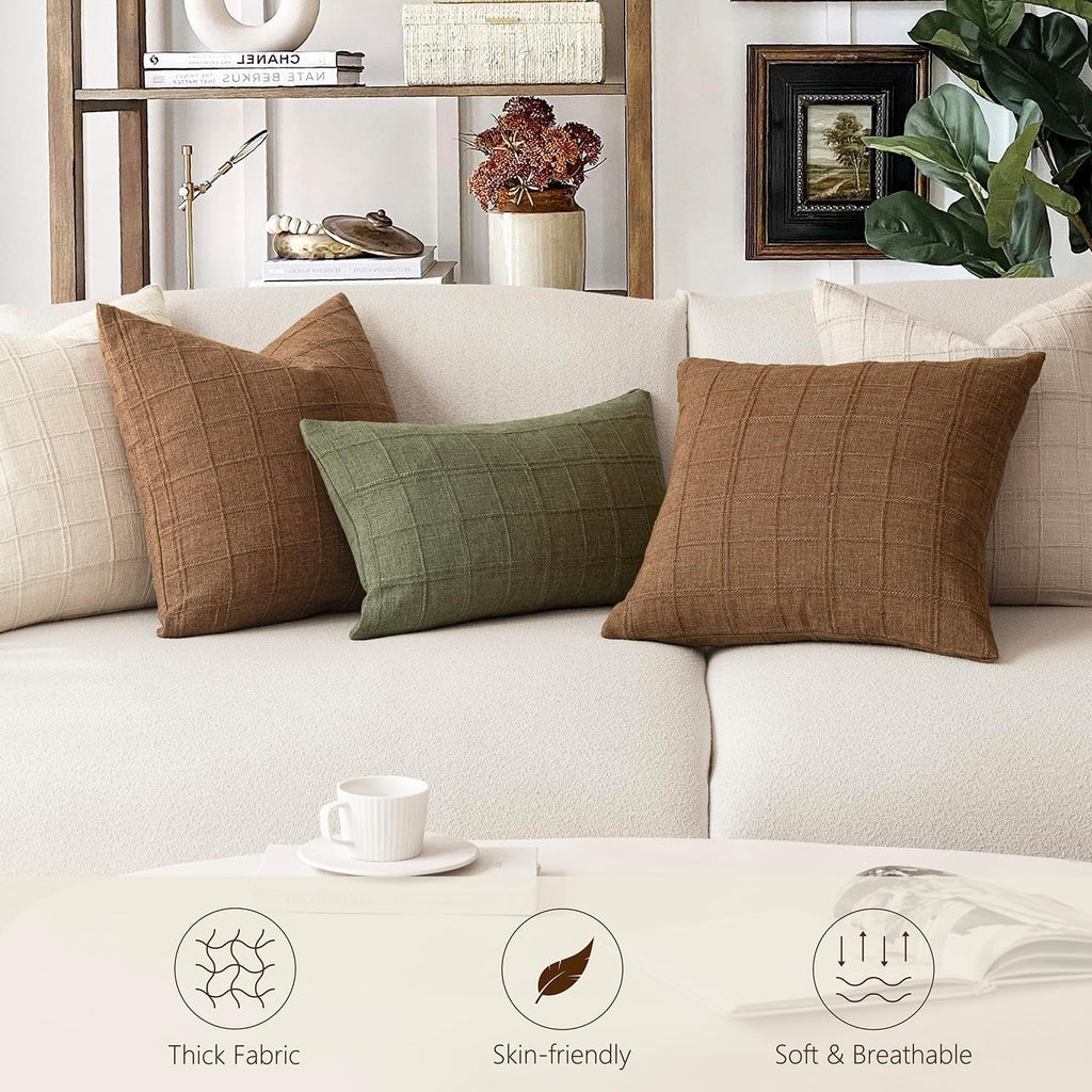 Set of 2 Decorative Linen Check Throw Pillow Covers Neutral Farmhouse Vintage Cushion Covers Modern Boho Home