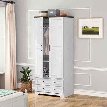 2 Doors Wooden Armoire Wardrobe Closet with 2 Drawers, White