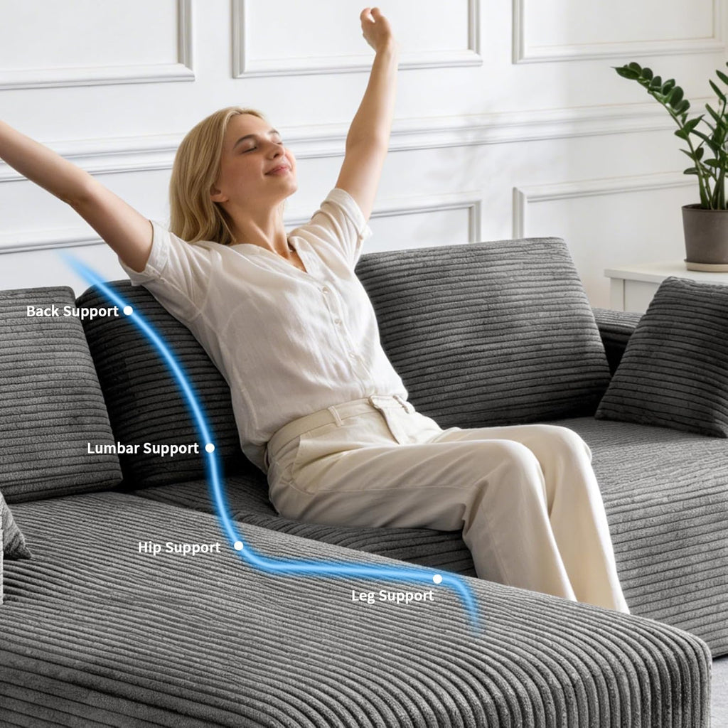 106" Corduroy Sectional Couch, Boneless L Shaped Couch with Deep Seat, Cloud Foam Sofa with Oversized Chaise