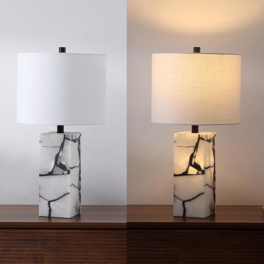 24.25" Black/White Modern Alabaster LED Table Lamp Decor, White Linen Shade
