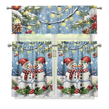Christmas Decor Kitchen Curtain Valance and Tiers Set of 3, Winter Snowman Valance Tier Window Kitchen Curtain Sets