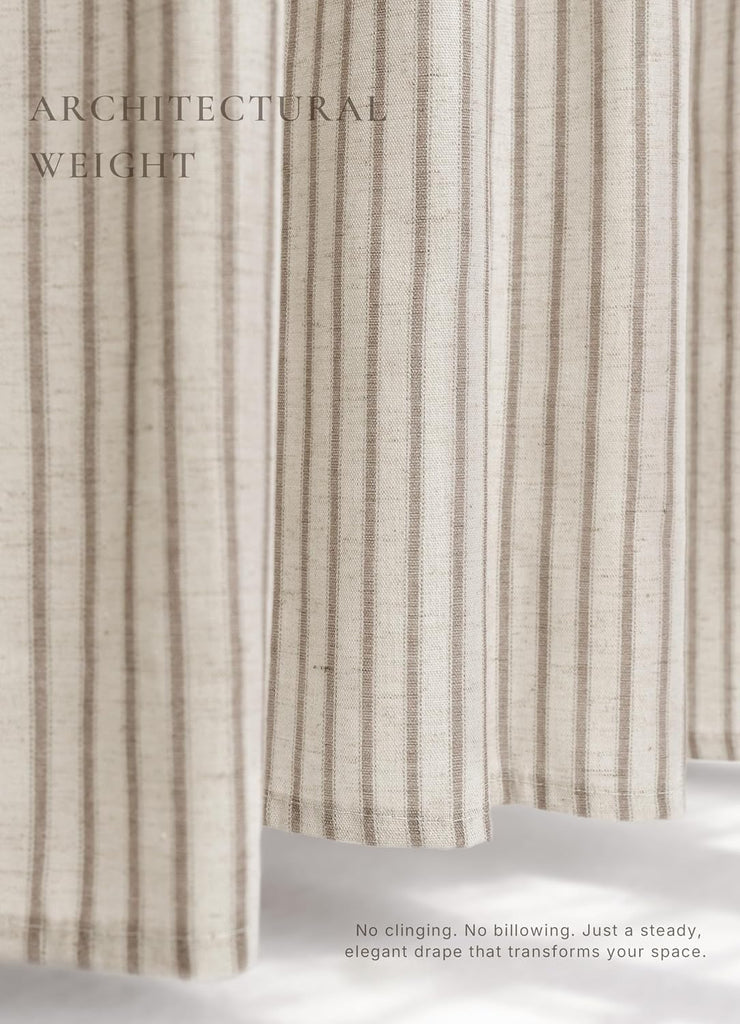 Farmhouse Striped Shower Curtain - 72x72 Inches, Linen Blend Fabric, Breathable & Machine Washable, Rustic Taupe
