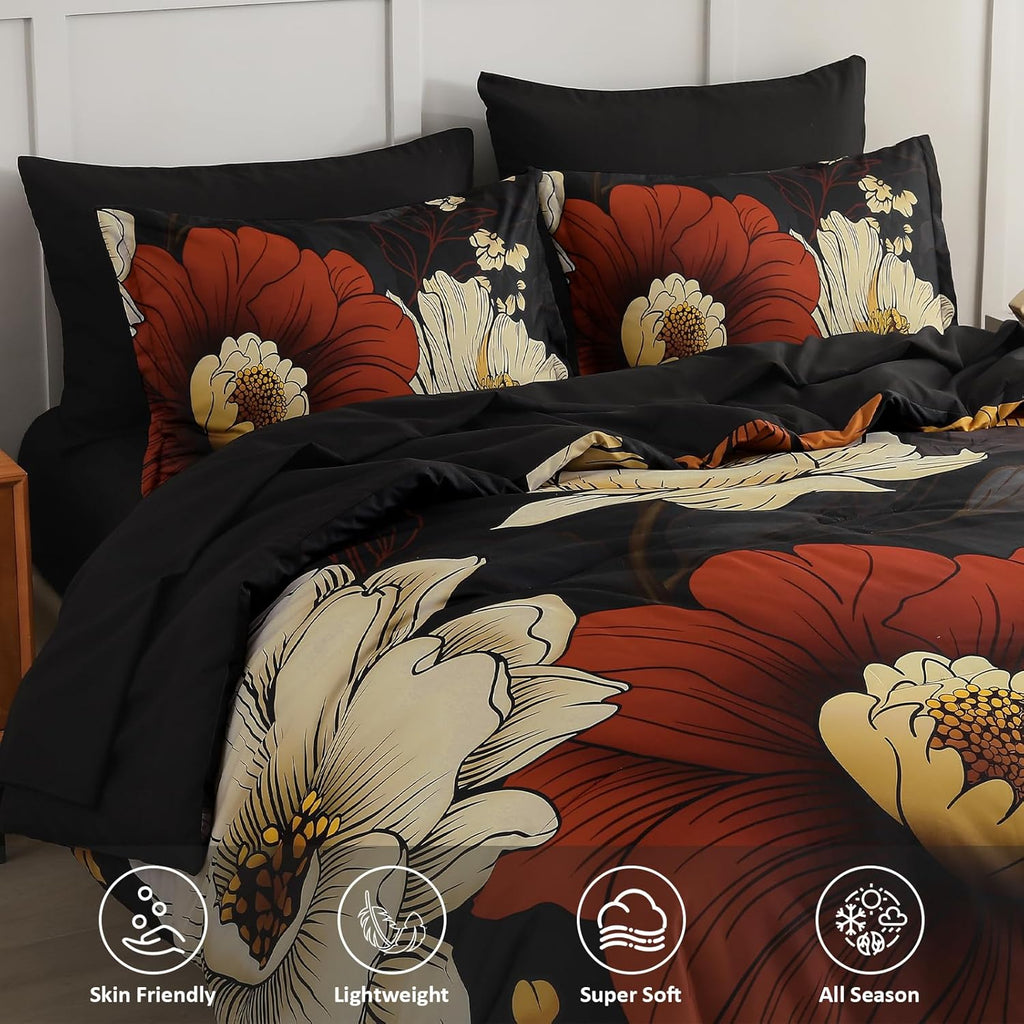Black Floral Comforter Set 7 Pieces Bed in a Bag Flower Bedding Sets Lightweight Boho Bed Set