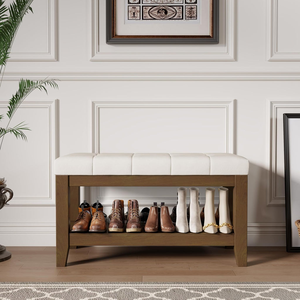 Solid Rubber Wood Shoe Bench, Soft Chenille Material Upholstered Seat, 770LB Load Capacity, Multi-Storage