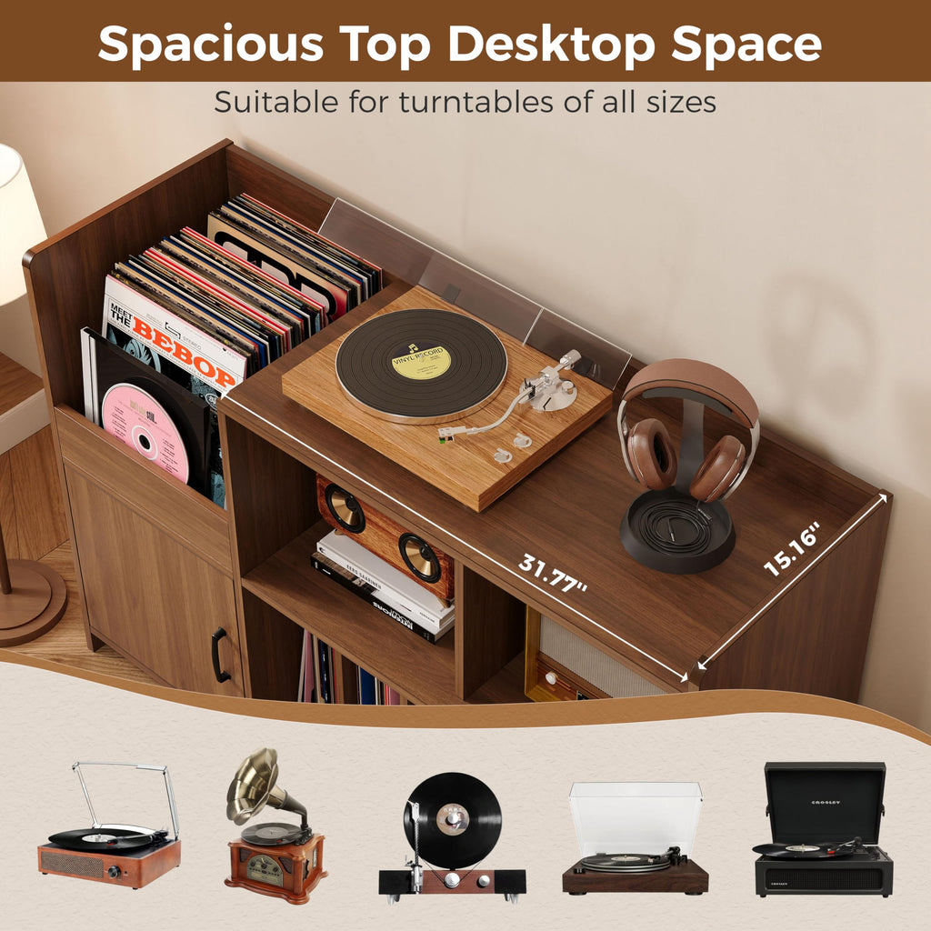 48" Mid-Century Modern Record Player Stand with Door, Walnut