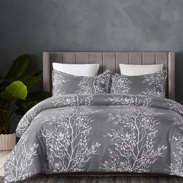 Lightweight Cooling Microfiber Duvet Cover, Grey and White Floral Branches Print Pattern All Season, 3-Piece