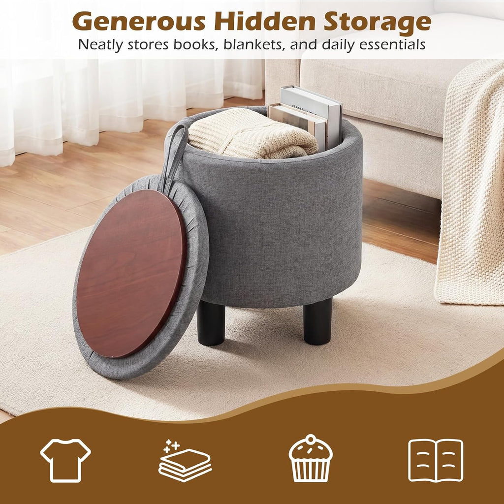 Linen Fabric Round Storage Ottoman with Removable Lid, Gray | Upholstered Ottoman Foot Rest, Small Ottoman Foot Stool