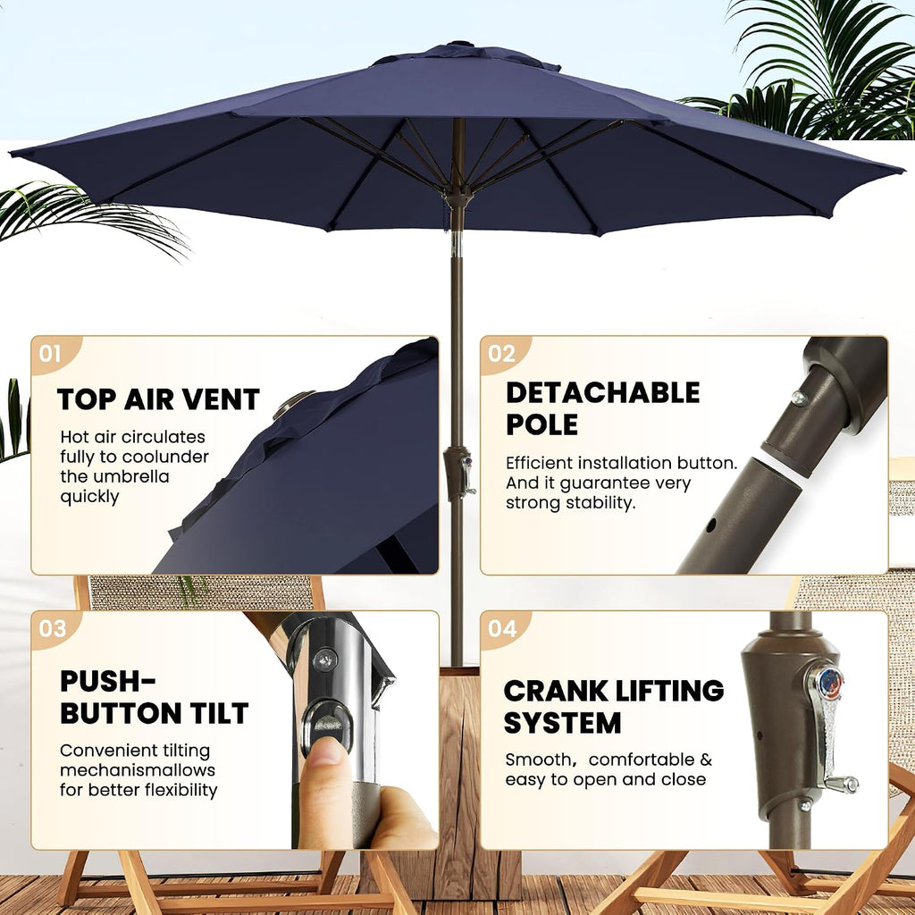 9FT Large Outdoor Patio Umbrella Market Table Umbrella-UV Resistant, Easy Push Button Tilt and Crank - Navy