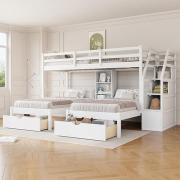 Wood Triple Bunk Bed with Storage Stairs and Drawers Twin Over Twin Over Twin Wooden Bunk Bed with Storage for 3 Kids