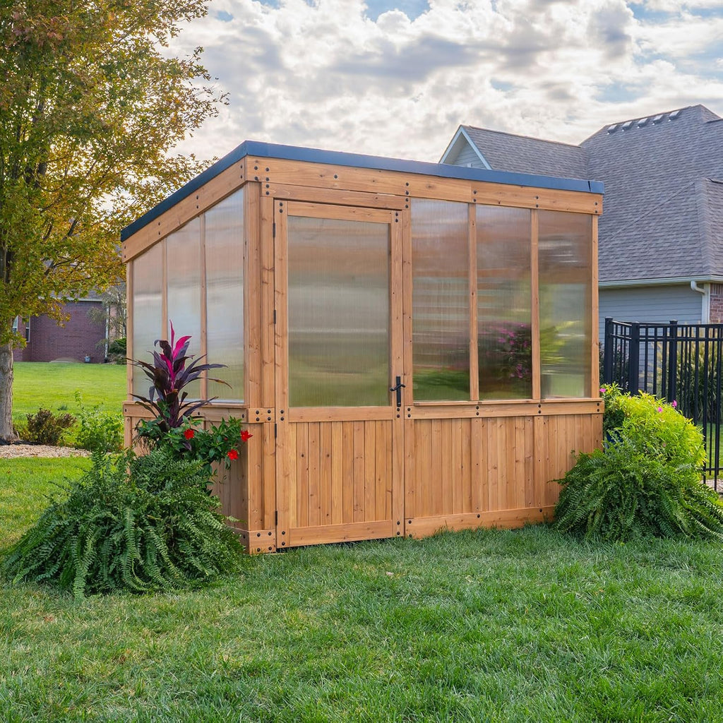 Discovery Willow 9' x 6' Cedar Wood and Polycarbonate Walk-in Greenhouse Kit with Exhaust Fan, Windows, Hose