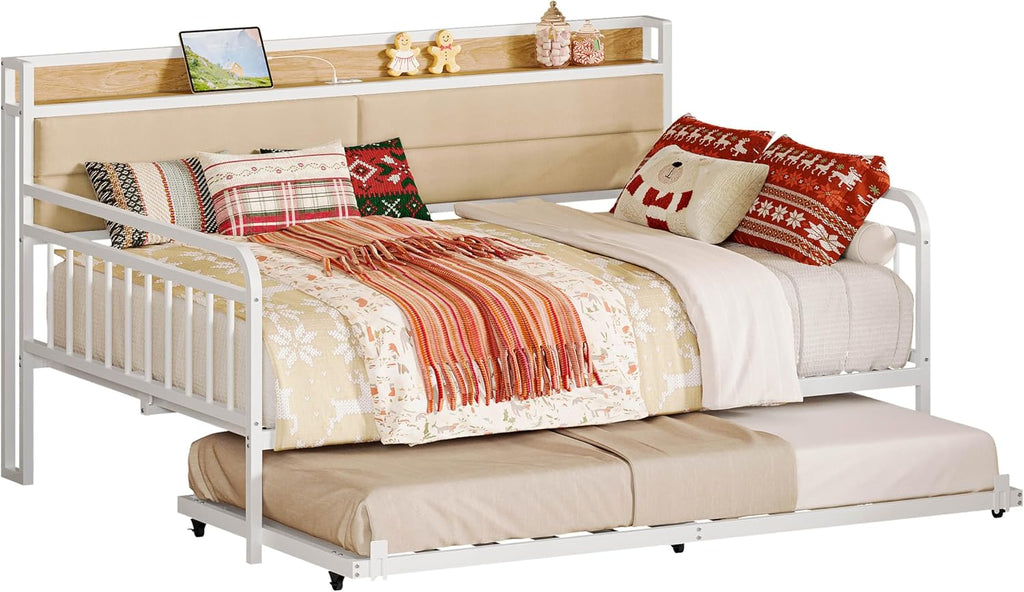 Daybed with Trundle, Full Bed Frame, White