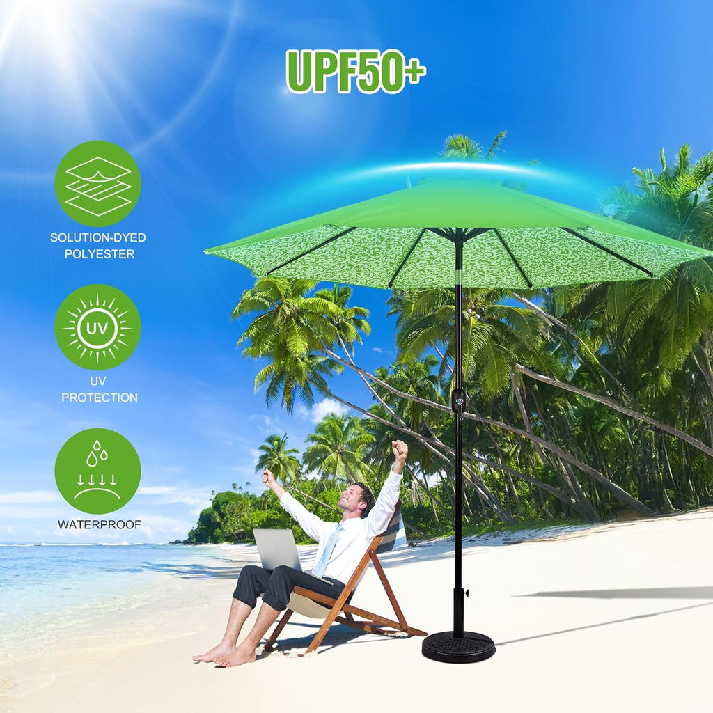 9 ft. Patio Umbrella, Market Table Umbrella w/Tilt and Crank, 8 Ribs - Light Green/floral