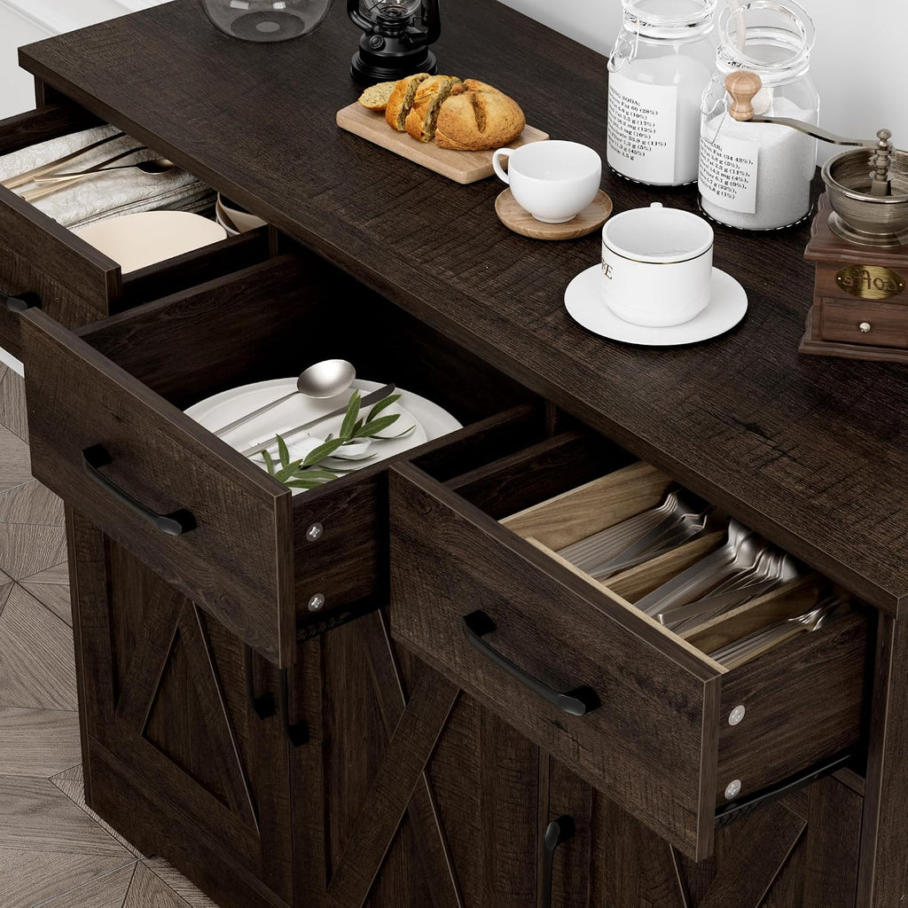 Kitchen Buffet Cabinet with Storage, Sideboard Coffee Bar, Brown | Farmhouse Kitchen Storage Cabinet with 3 Drawers &