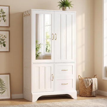 Armoire Wardrobe with Mirror, 3-Door Hanging Rod & Drawers | 3-door armoire with mirror. Hanging rod, 2 drawers, 4