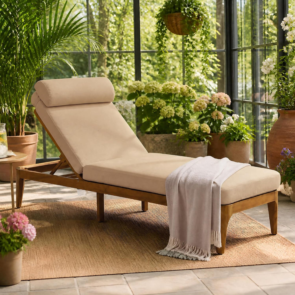 Acacia Wood Chaise Lounge Chair with Adjustable Backrest & Head Pillow, Outdoor Patio Sunbathing Lounger Backyard