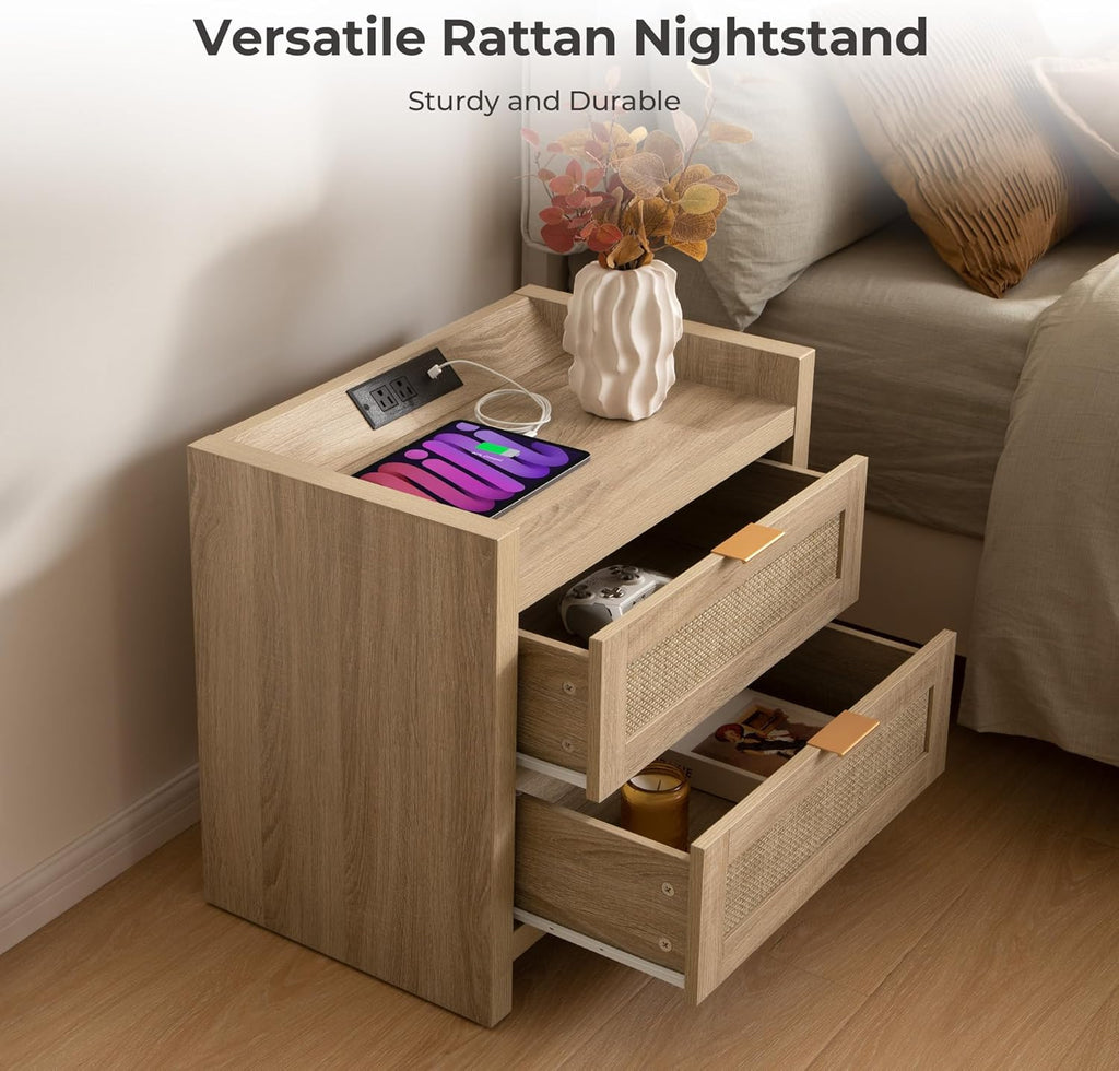 Rattan Nightstands Set of 2 Bedside Table - Bed Night Stand with Type-C Charging Station, 2 Drawers Storage - Boho