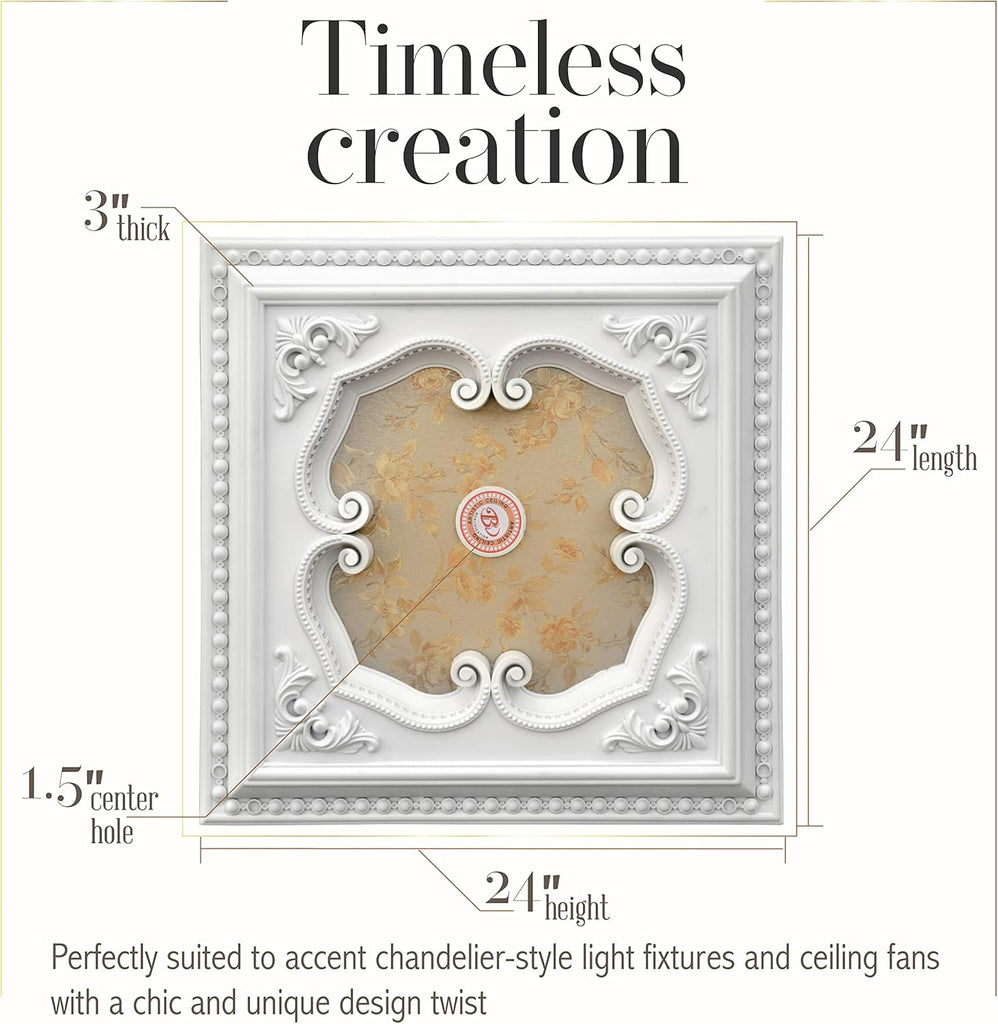 Four-Leaf Clover Square Chandelier Ceiling Medallion and Fan Medallion, 24 Inches, White and Gold