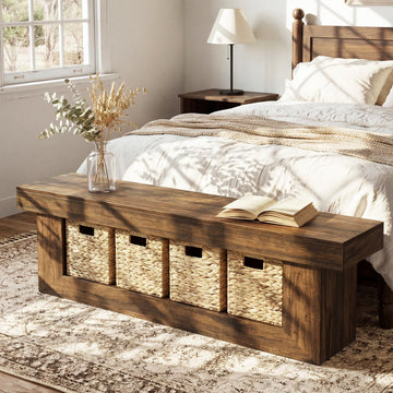 End of Bed Bench with Storage, 63" Thickened Wooden Shoe Bench, Farmhouse Indoor Bench Seat, Rustic Brown