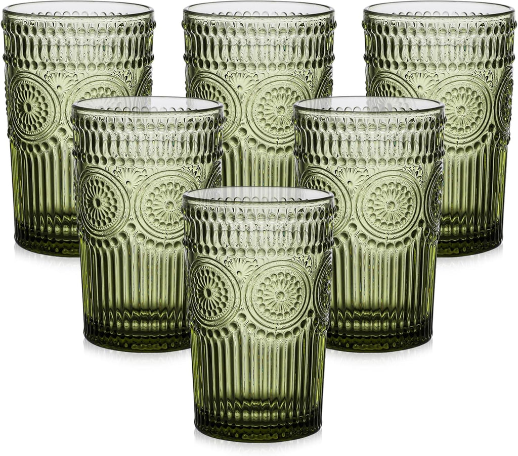 Vintage Glassware Drinking Glasses Set of 6, 13 oz Green Textured Flower Design Glass Water Tumblers，Embossed Striped