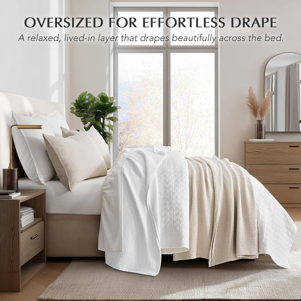 100% Cotton Waffle Bed Blanket King, Soft Premium Cotton Coverlet Set with 2 Matching Shams, Lightweight All Season