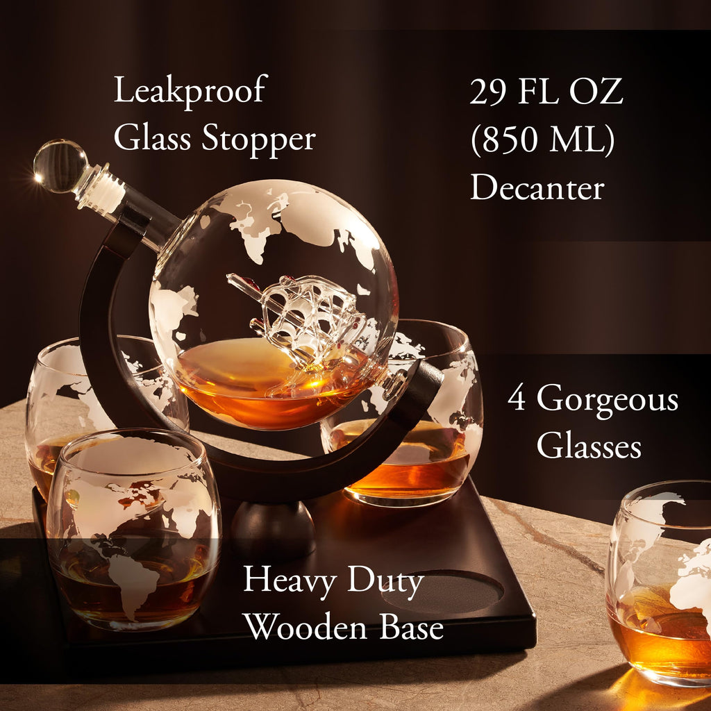 Whiskey Decanter Globe Set for Men with 4 Glasses, Bourbon, Rum, Scotch, Crystal Clear Decanter Sets - Whiskey Gifts