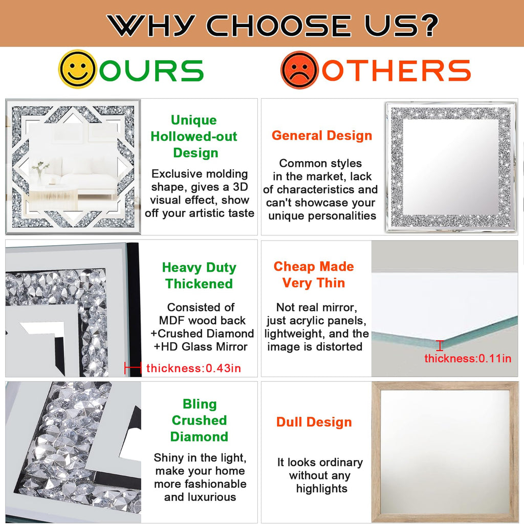 2 Piece Square Hollow Crushed Diamond Decorative Mirror, Silver Crushed Diamond Mirror Decor Wall Bedroom Bathroom