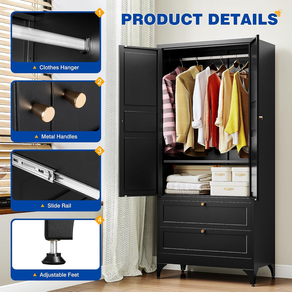 71" Tall Metal Wardrobe Closet with 2 Drawers, Steel Armoire Cabinet with Hanging Rod and Adjustable Shelves