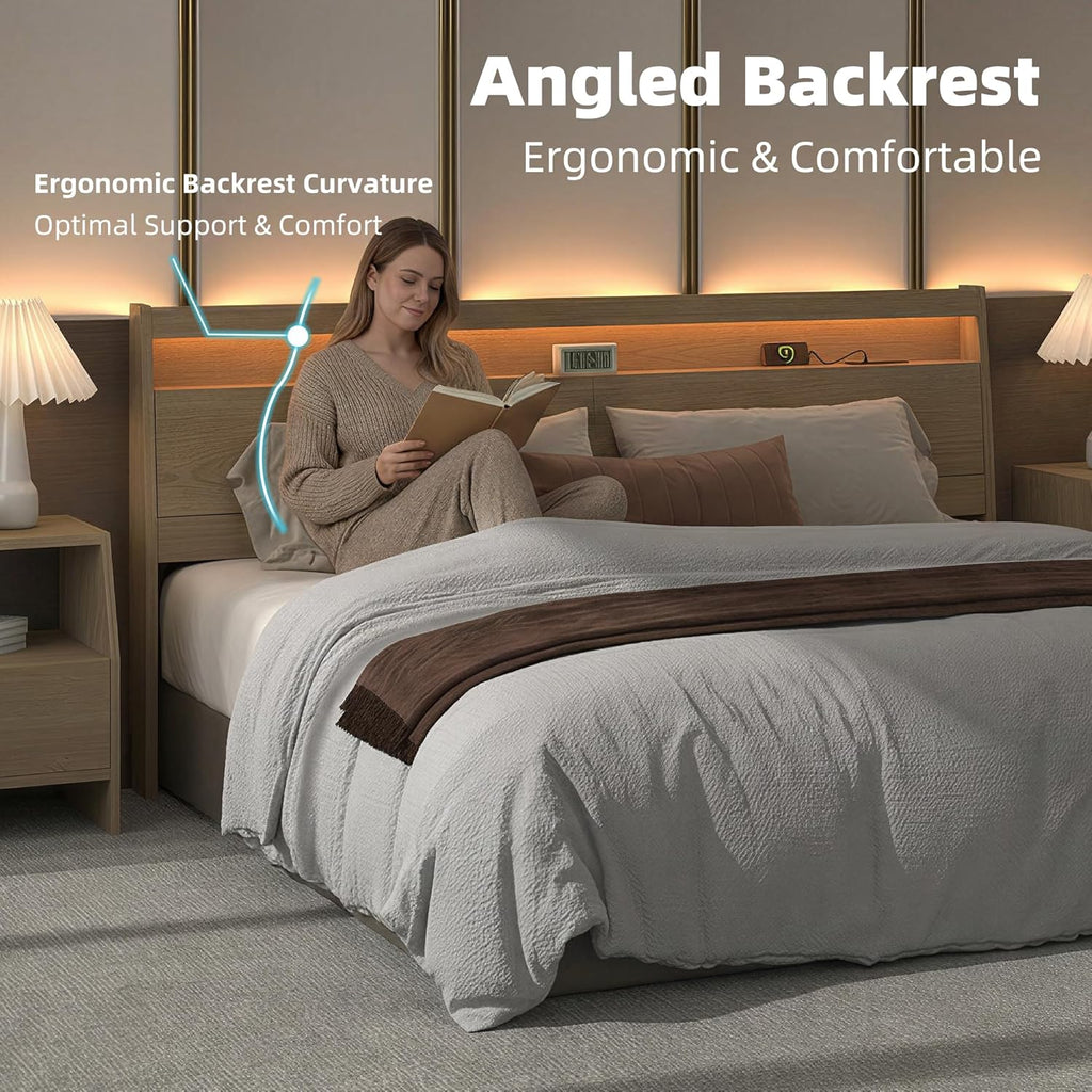 King Wooden Headboard with Storage Outlet USB LED Bed Backboard | Solid Wood Leg,Wall mounted panel,Sleeping