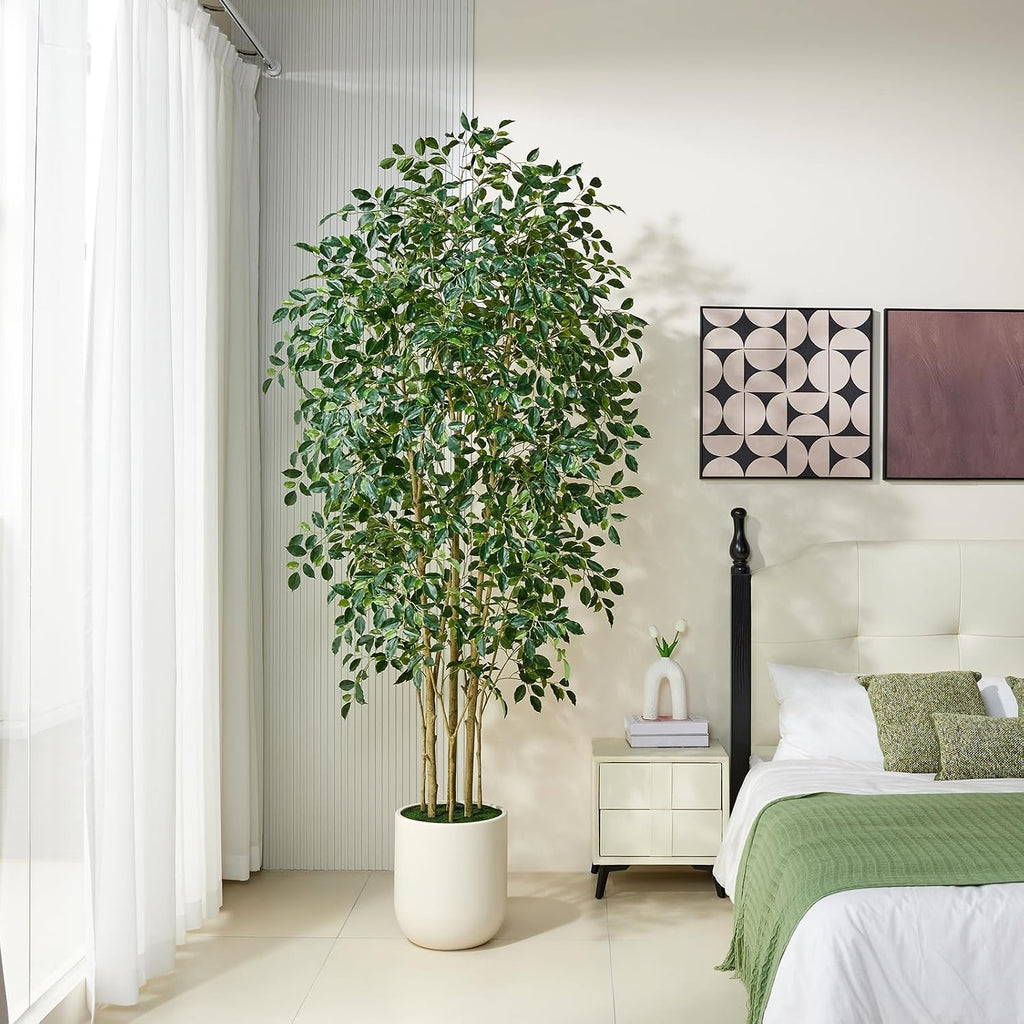 8FT Artificial Ficus Tree Faux Plants Indoor with White Planter