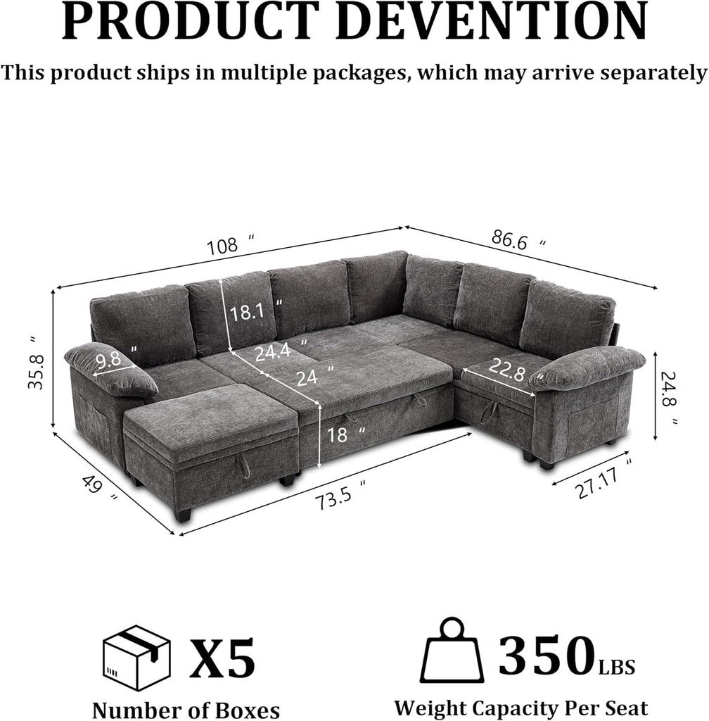 108 Inch Sectional Sleeper L Shaped Sofa with Pull Out Bed, 7 Seat Modular Sectional Sofa with Storage