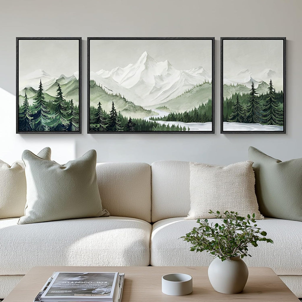 Framed Green Mountain Wall Art , 3 Piece Forest Landscape Canvas Artworks, Large Modern Nature Scenery Painting