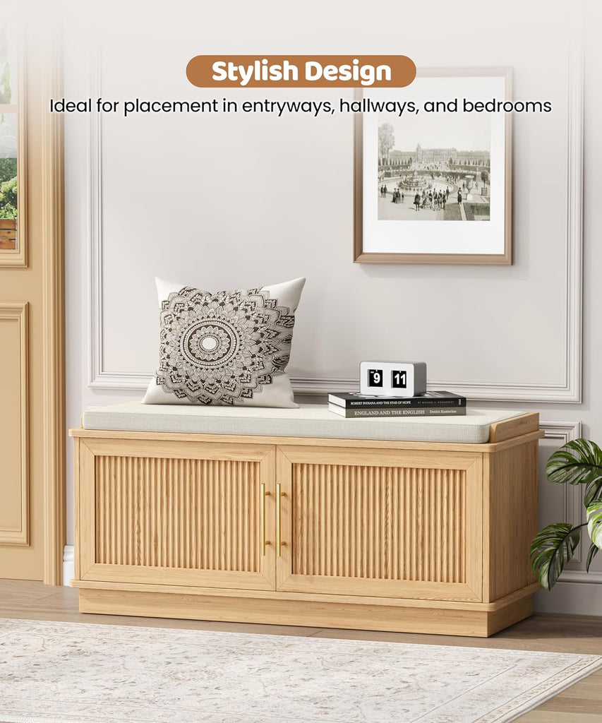 Fluted Shoe Storage Bench with Cushion, 39.4" Entryway Bench with Adjustable Shelves and 2 Doors, Shoe Cabinet Bench