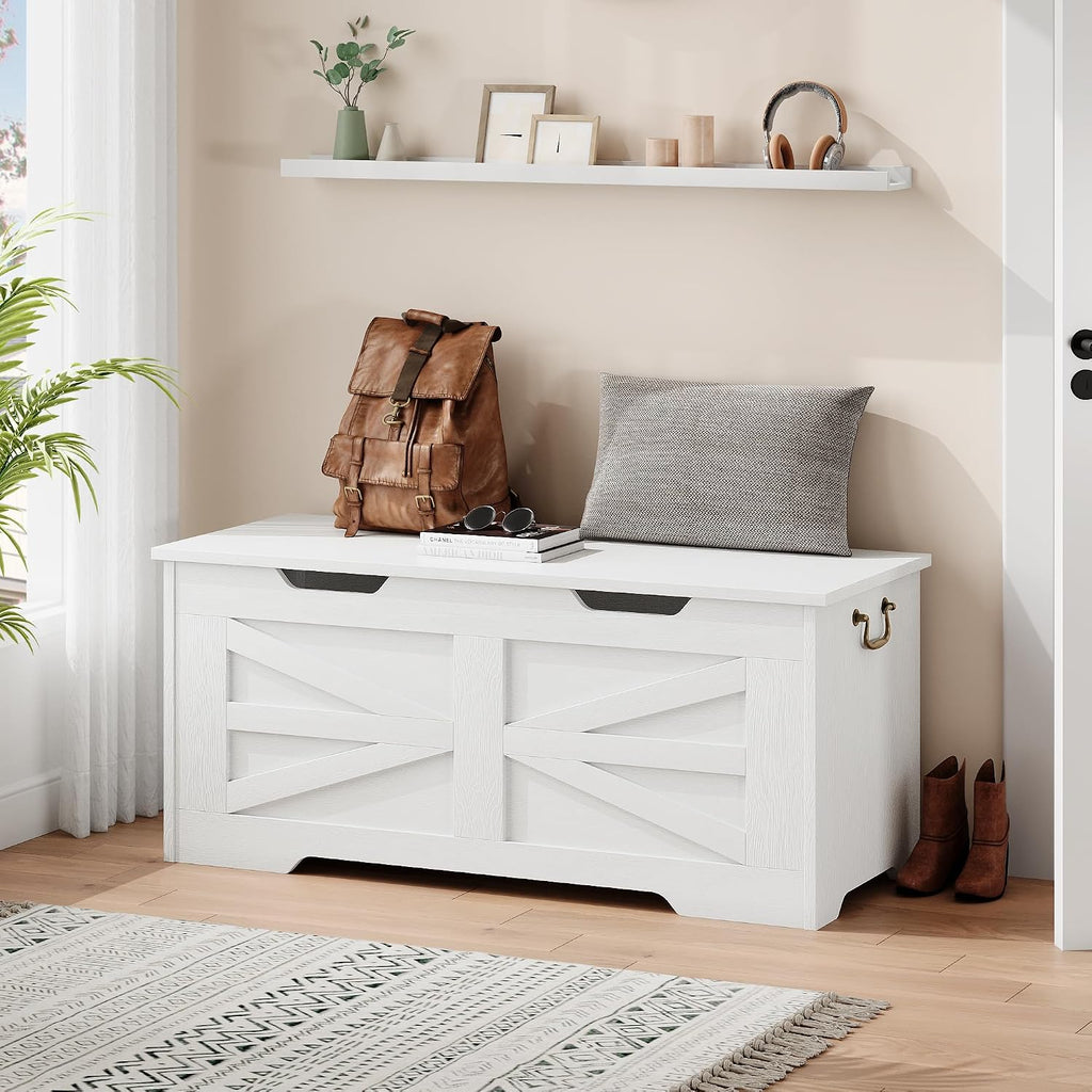 39.4" Large Wooden Storage Chest Bench with Safety Hinge, Blanket Chest , Farmhouse Storage Trunk , Sturdy Entryway