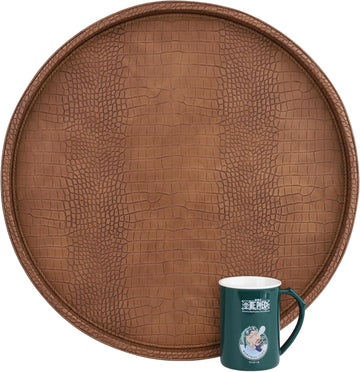 Round Serving Tray 20'', Elegant Faux Leather Circle Ottoman Table Tray, Serve Tea Coffee Breakfast Living Room