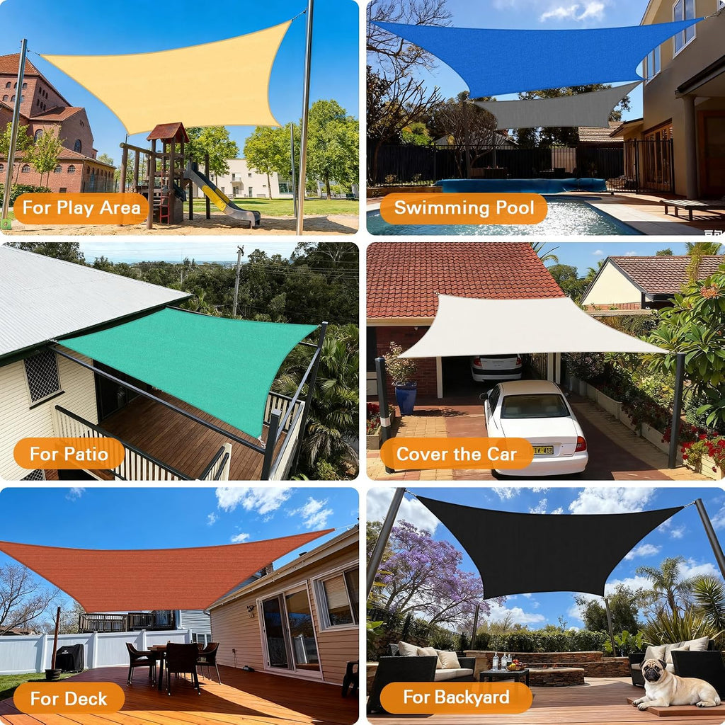 Sun Shade Sail, 10'X16' Sand Rectangle Curved Edged Sun Shade, Commercial Grade 185GSM HDPE UV Permeable Outdoor