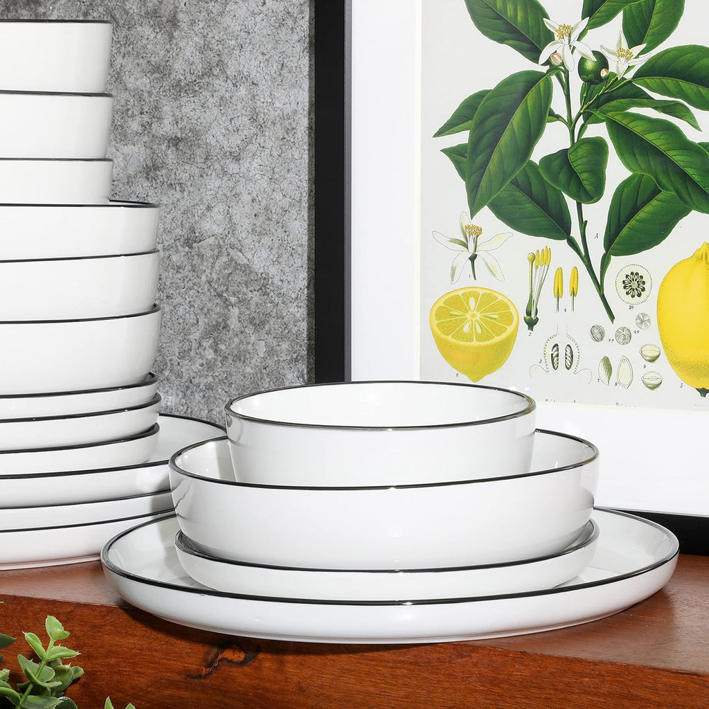 Oslo 16-Piece Porcelain Dinnerware Set, Service for 4 - White Plates with Black Rim, Microwave & Dishwasher Safe