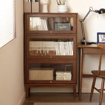 Solid Wood Bookshelf with Glass Flip-Up Doors, Vintage Display Cabinet, Solid Rubber Wood Combination Bookcase