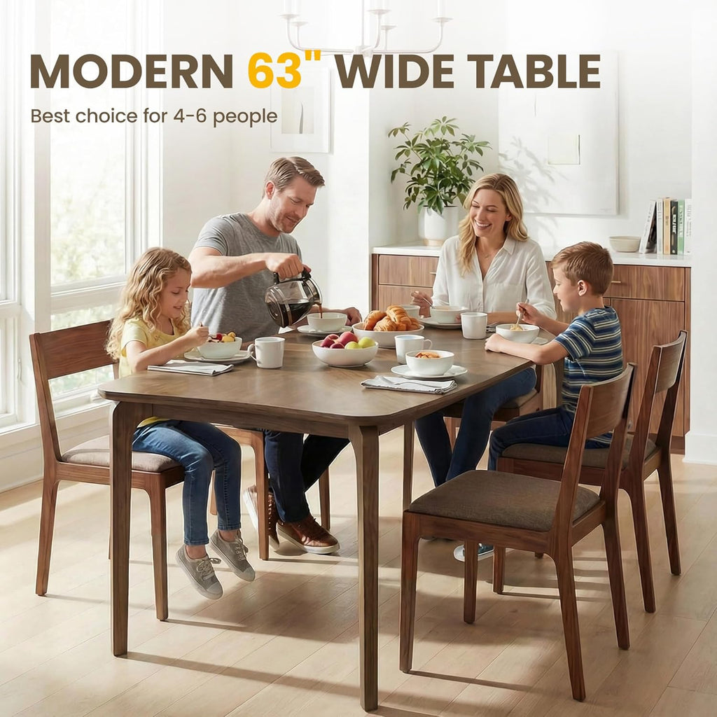 Modern Curved Edge Dining Table, 63" Solid Wood Kitchen Table with Herringbone Pattern Mid-Century Rectangular Dinner