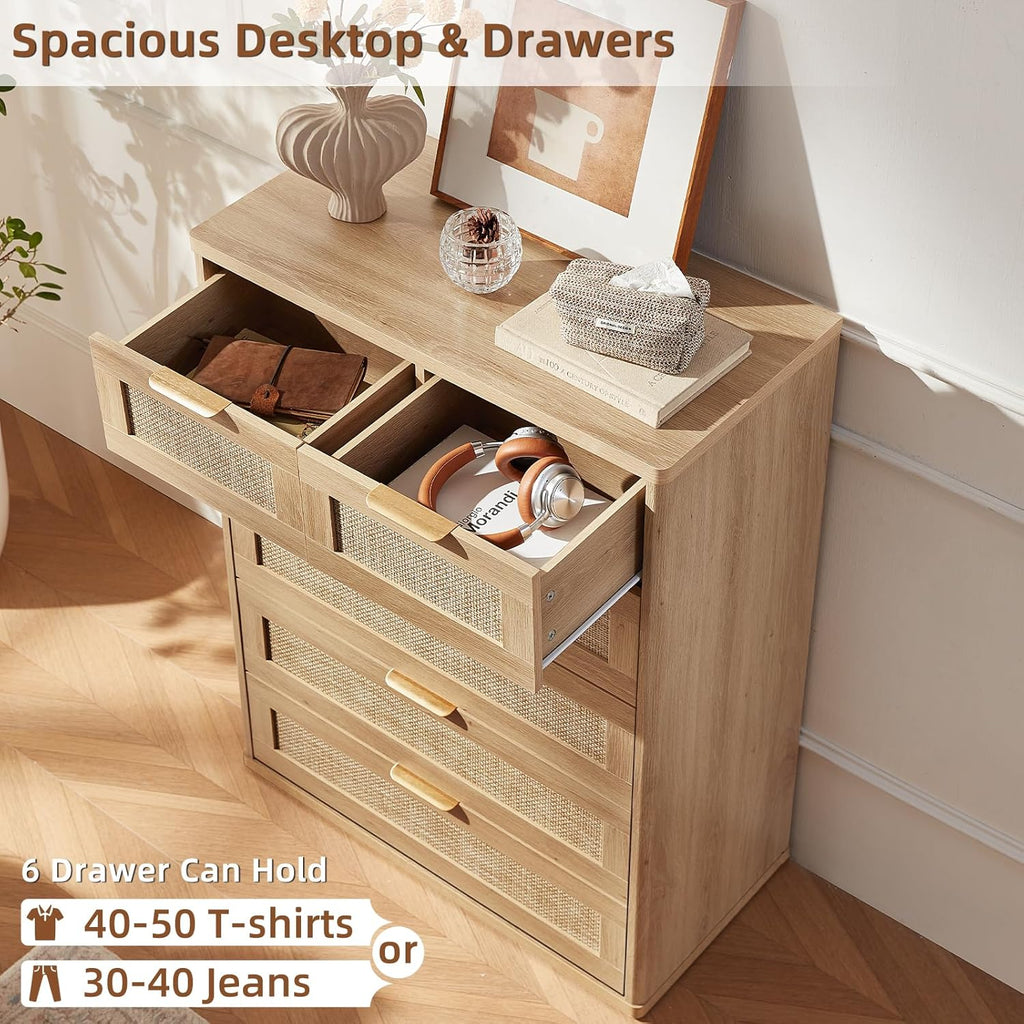 Rattan Dresser , 41" Tall Chest of Drawers | Gold Metal Handle, Oak Modern 6 Drawers Boho Dressers with Storage