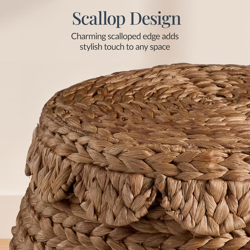 Scalloped Multipurpose Hyacinth Storage Basket, Plant Décor, Handwoven Organizer Tote , Nursey, w/Lid - Chestnut