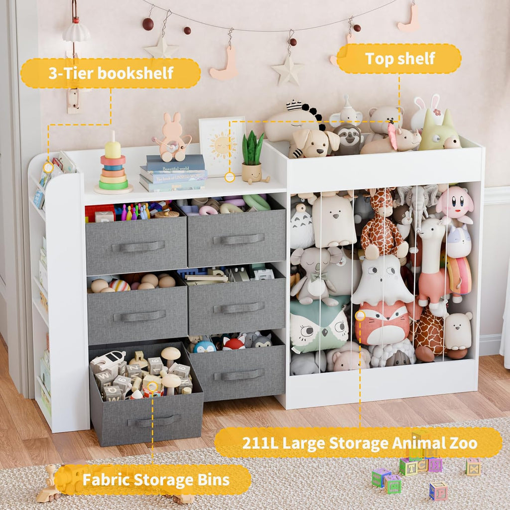 61"W Toy Storage Organizer with 6 Storage Bins, 3-Tier Kids Bookcase & 211L Stuffed Animal Holder, 3-in-1 Plush Toy